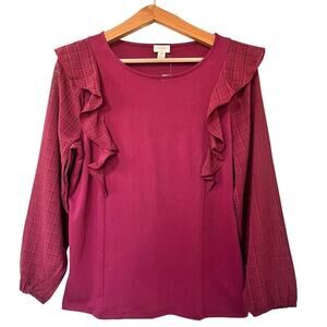 J.Crew‎ Ruffle Shoulder Top with Plaid Jacquard Sleeves Size M Red Office NEW